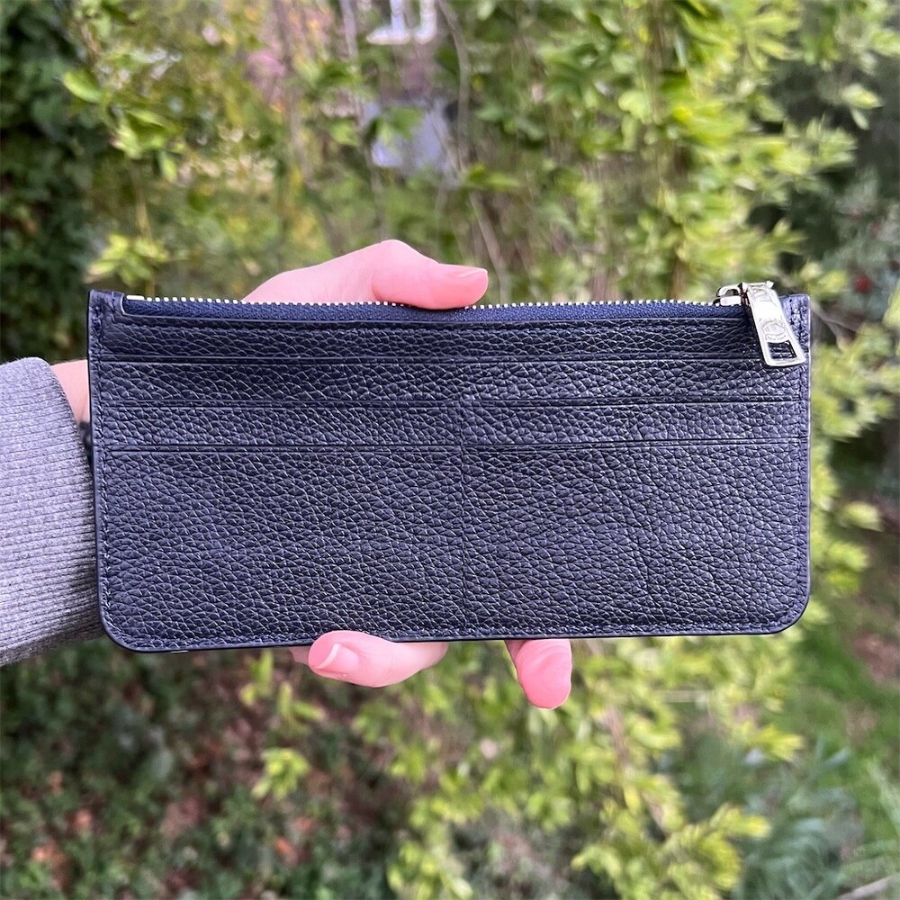 COACH Card Case Wallet Purse Insert Navy Pebble Leather Zip Top Blue Lining